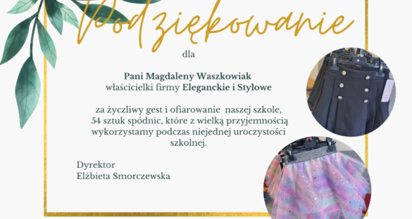 Podziękowanie za wsparcie szkoły